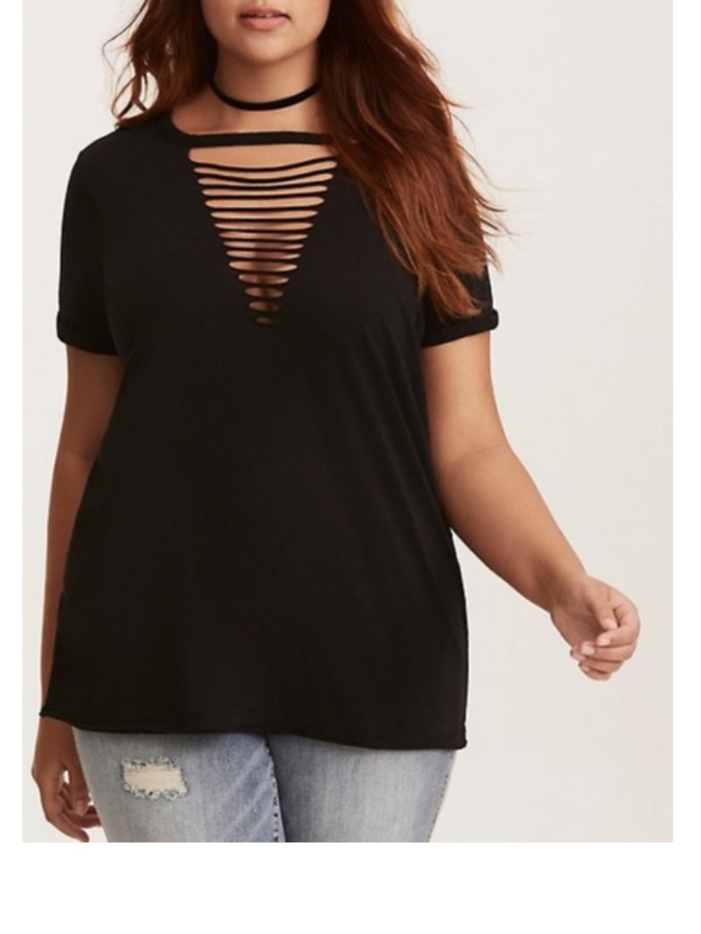 Torrid Black Cotton V-Neck Ladder Slash Tee
